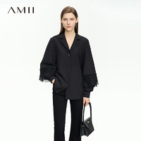 AMII高级通勤风西装领拼蕾丝灯笼袖衬衣女法式衬衫上衣 黑色 160/84A/M