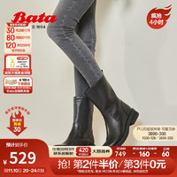 Bata 拔佳 时装靴女牛皮英伦风粗跟百搭通勤中靴AXN61DZ3 黑色 37