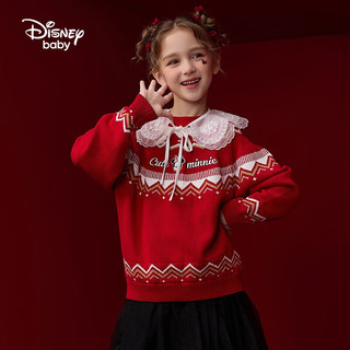 迪士尼童装女童可爱圆领毛衣冬时尚洋气保暖卡通上衣毛衫内搭 大红 150