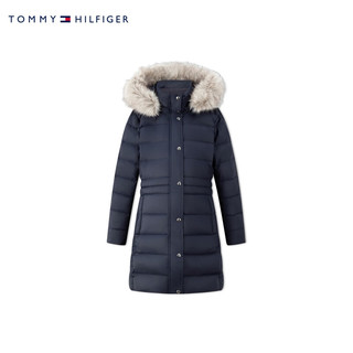 TOMMY HILFIGER秋冬女圆章刺绣鸭绒中长户外保暖毛领连帽羽绒服外套37487 藏青色DW5 S