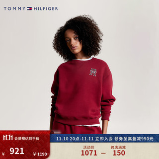 TOMMY HILFIGER女装简约刺绣字母合身版圆领抓绒卫衣WW0WW40838 胭脂红XJS XS