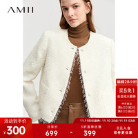 AMII2023冬经典香风仿珍珠扣粗花呢外套女圆领流苏边箱型上衣 米白 155/80A/S
