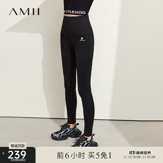 AMII2023冬百搭弹力加绒打底裤女莫比乌斯环印花修身瑜伽裤子 黑色 155/64A/S