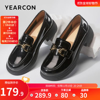 YEARCON 意尔康 女鞋 乐福鞋女漆皮深口单鞋女学院风粗跟鞋子女 黑色 37