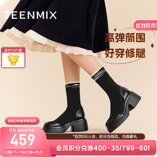 TEENMIX 天美意 靴子女商场同款粗跟优雅时装靴复古简约女靴冬CPB60DZ3 黑色（薄绒） 35