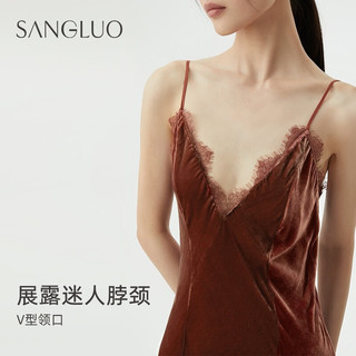 桑罗（SANGLUO）蚕丝丝绒睡裙蕾丝拼接摩登深V开叉可外穿afterparty吊带裙 栗子棕 L