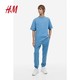 H&M 男女同款T恤2023夏季新款重磅纯棉打底衫休闲短袖男上衣0608945 蓝色 170/92A