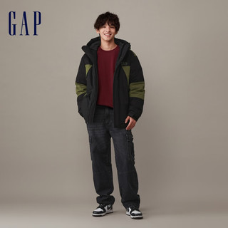 Gap男装冬季2023LOGO拼色连帽羽绒服夹克836121保暖宽松外套 黑色 165/88A(S)亚洲尺码