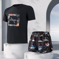 Kappa 卡帕 2023年夏季新款男士两件套短袖印花泳衣搭配假两件泳裤沙滩裤