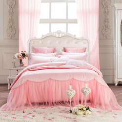 TEVEL 堂皇家纺 优雅蕾丝边提花六件套轻奢粉色公主风婚庆床上用品套件