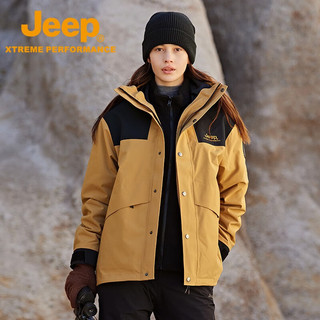 Jeep吉普男女款三合一抓绒冲锋衣冬户外防风保暖登山服 银杏黄 XS（115斤以下）