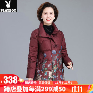 花花公子时尚印花羽绒服女士保暖鸭绒羽绒衣立领外套中年女装 LJF-2205酒红【羽绒服】 3XL 135-150斤