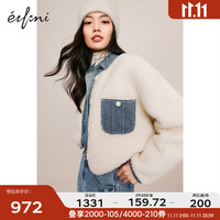 伊芙丽牛仔撞色拼接细节圆领毛毛短外套2023冬装保暖休闲外套 米白 165/88A/L