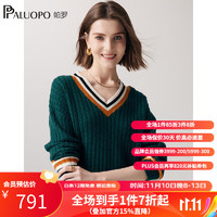 帕罗（PALUOPO）羊绒衫女士V领撞色100%山羊绒加厚绞花针织毛衣秋冬 23116 墨绿夹花 95/S