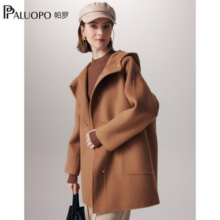 帕罗（PALUOPO）秋冬女士15%骆驼绒连帽羊毛呢子大衣保暖慵懒风双面呢外套 23070 红驼 M