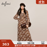 eifini 伊芙丽 优雅精致荷叶边小众印花设计感长袖连衣裙女冬 咖啡 170/92A/XL
