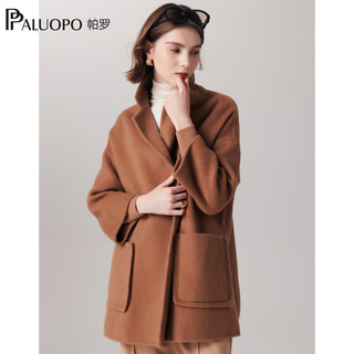 帕罗（PALUOPO）100%骆驼绒毛呢大衣秋冬女士西装领系带双面呢气质外套 23075 红驼 S(155/80A)