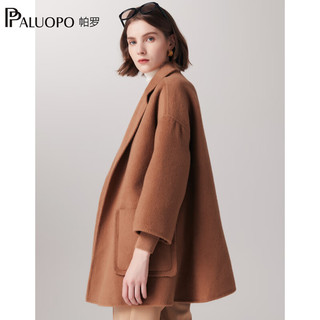 帕罗（PALUOPO）100%骆驼绒毛呢大衣秋冬女士西装领系带双面呢气质外套 23075 红驼 S(155/80A)