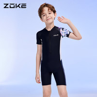 ZOKE 洲克 儿童泳衣男童连体平角中大童舒适短袖123503552 黑白紫水生花 120