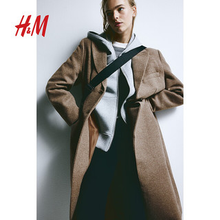 H&M 2023秋季新款女装单排扣中长平驳领垫肩大衣1182523 深米灰色 155/76A