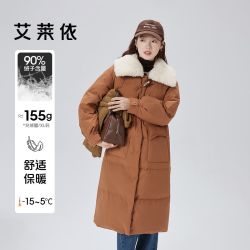 eral艾莱依仿羊羔毛领羽绒服女2023年新款爆款时尚通勤长款翻领外套冬