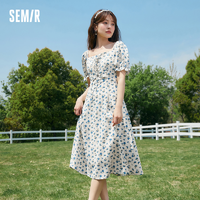 抖音超值购：Semir 森马 连衣裙女肌理碎花裙温柔浪漫2023夏季新款方领绑带茶歇裙法式