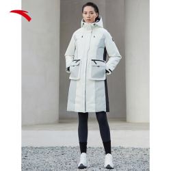 anta安踏银标防泼水外套女冬保暖长款护膝运动连帽梭织羽绒服商场同款