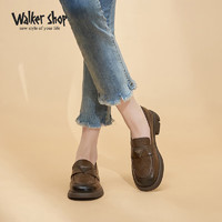 Walker Shop 奥卡索 单鞋女英伦风舒适方头乐福鞋女粗跟套头小皮鞋透气舒适 D123309 卡其色 36