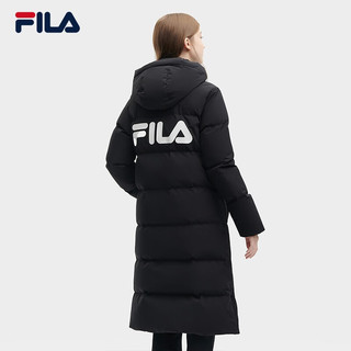 FILA 斐乐 女士长款羽绒服休闲简约连帽加厚大衣女装外套 正黑色-BK 165/84A/M