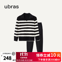 ubras【双十一会员内购】慕斯绒条纹家居服套装 小翻领-黑色 XL