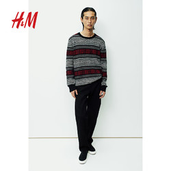 H&M 男装针织衫柔软舒适宽松提花针织长袖套衫1169624 黑色/图案 170/92A