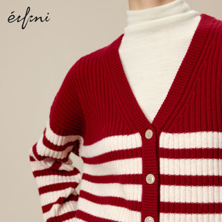 伊芙丽V领撞色条纹羊毛针织开衫冬设计感休闲百搭毛衫 红色 155/80CM/S