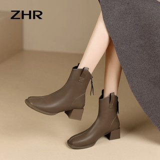 ZHR中跟短靴秋冬季女生法式优雅方头靴子V口便捷后拉链纯色软底女靴 黑色 38