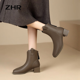ZHR中跟短靴秋冬季女生法式优雅方头靴子V口便捷后拉链纯色软底女靴 黑色 38