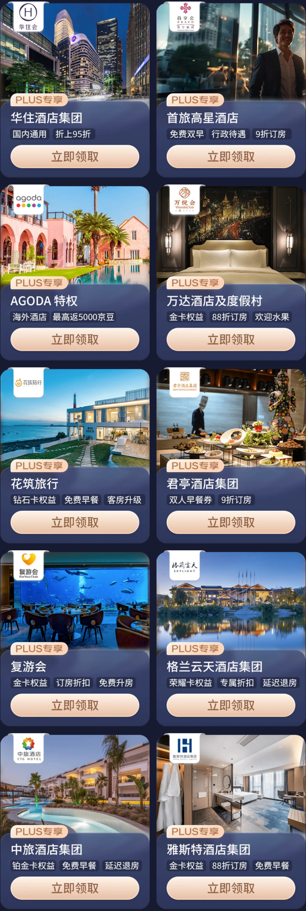 14家酒店集团权益（金卡/免费早餐/延迟退房等）