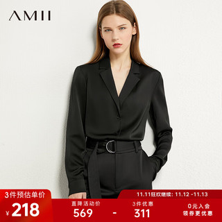 AMII高级通勤西装领微宽肩垫肩丝光缎面衬衫女衬衣上衣 黑色 165/88A/L