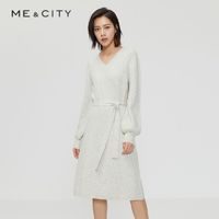 MECITY 女装冬季绵羊毛V领时尚设计感系带收腰连衣裙女