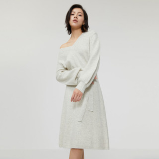 MECITY 女装冬季绵羊毛V领时尚设计感系带收腰连衣裙女
