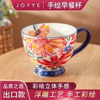 JOYYE马克杯大容量带勺麦片杯釉下手绘实用 花愿-矢车菊红