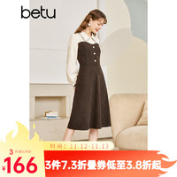 Betu 百图 女装2022秋冬连衣裙拼色领收腰长袖连衣裙女2210T74 咖啡色 M（咖啡色11/23发货）