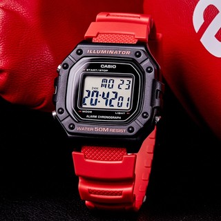 CASIO 卡西欧 手表小方块防水数显电子表狂飙安欣同款男女运动手表 红色W-218H-4B