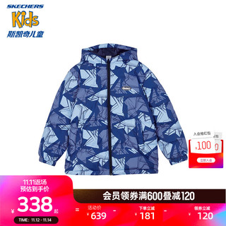 SKECHERS 斯凯奇 羽绒服男女童连帽羽绒外套冬季时尚三防儿童服L423K042 深底不规则线条色块/03GQ 160cm