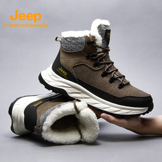 Jeep吉普男鞋户外舒适软底保暖登山雪地靴加绒滑雪棉鞋马丁靴子男 卡其色 39