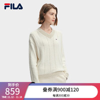 FILA 斐乐女子织衫2023冬时尚基础简约休闲保暖V领毛衣 蒸汽白-IV 165/84A/M