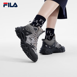 FILA 斐乐 女鞋加绒中帮欧客漫2复古运动鞋2023冬休闲鞋老爹鞋 天空灰/黑-DB 35.5