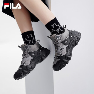 FILA 斐乐 女鞋加绒中帮欧客漫2复古运动鞋2023冬休闲鞋老爹鞋 天空灰/黑-DB 35.5