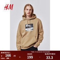 H&M 男装卫衣美式复古长袖连帽衫套头宽松上衣1010387 深米色 180/116A