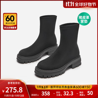 热风【商场同款】冬季女士时尚弹力短靴圆头时装靴 01黑色 37