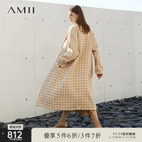 AMII2023冬轻奢千鸟格纹长款翻领宽松羊毛混纺毛呢外套大衣女 驼白 155/80A/S
