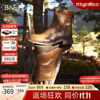 百思图冬季商场新款法式时装靴瘦瘦靴小皮靴粗跟女短靴DD566DD3 黑色绒里 35